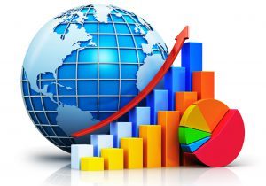 44836608 - creative abstract global business communication success, worldwide financial growth and development concept: color growing bar graphs with red rising arrow, colorful pie chart and blue earth globe sphere with world map isolated on white background with re